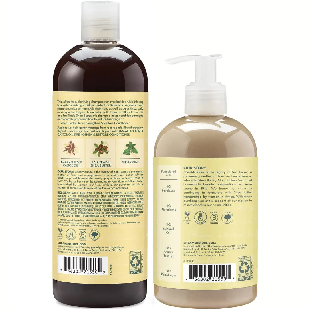 Shea Moisture Jamaican Black Castor Oil Clarifying Shampoo and Conditioner Set - Strengthening and Restorative Sulfate-Free Formula with Shea Butter, Apple Cider Vinegar, and Peppermint Oil (2-Piece Set)
