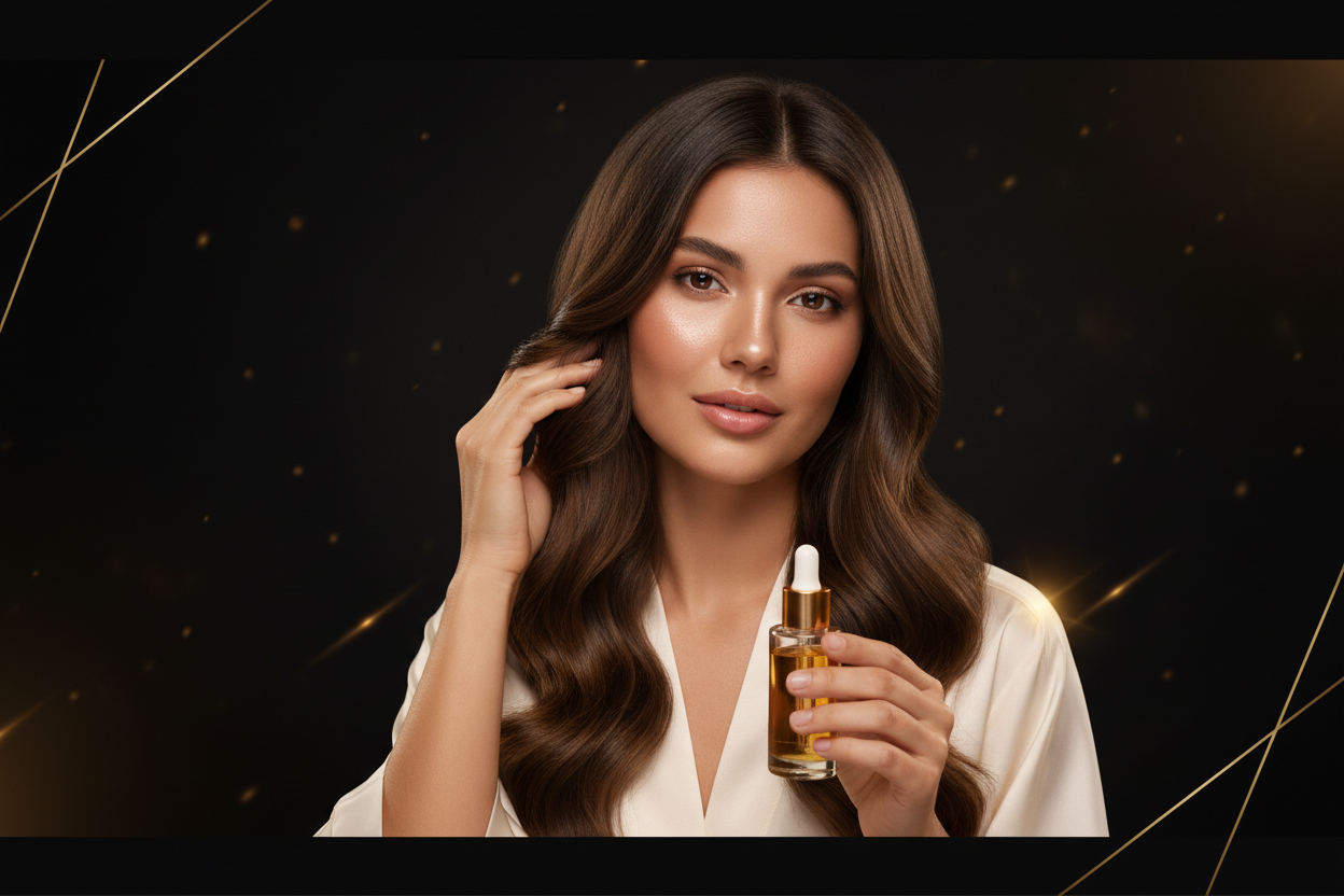 create a shopify homepage banner for a luxury hair care brand, color palette is black and gold with warm highlights. The design should be modern, elegant, and high end. avoid anything the looks overly AI generated. use a young-looking woman using hair oil.  background should be clean black or dark neutral with gold accents.